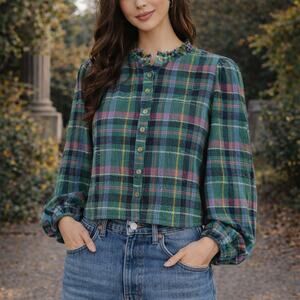 Anthropologie Pilcro SZ S Cropped Puff-Sleeve Soft Crinkle Plaid Blouse
